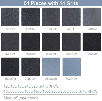 51 Pack 9*3.6 Inch P120 - P10000 Silicon Carbide Sandpaper For Wood Furniture