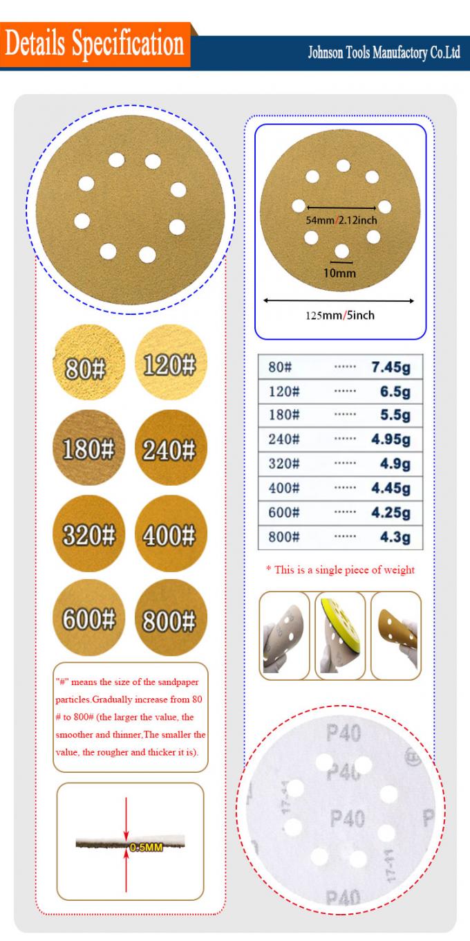 8 Hole 5 Inch Yellow Hook And Loop Orbital Sander Diamond Pads For Car