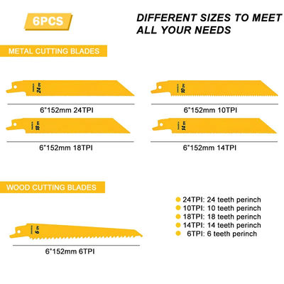 6-Piece Metal Wood Cutting Reciprocating Saw Blades Set for metal, plastic, wood, and drywall