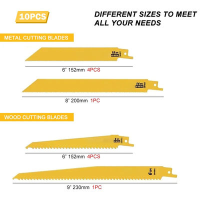 10 Piece Various Sizes Bi-Metal Reciprocating Saw Blades Combination Set For Wood And Metal Cutting